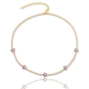 Daisy Flower Gold Dainty CZ Tennis Choker Necklace (Lavender Purple Flower)